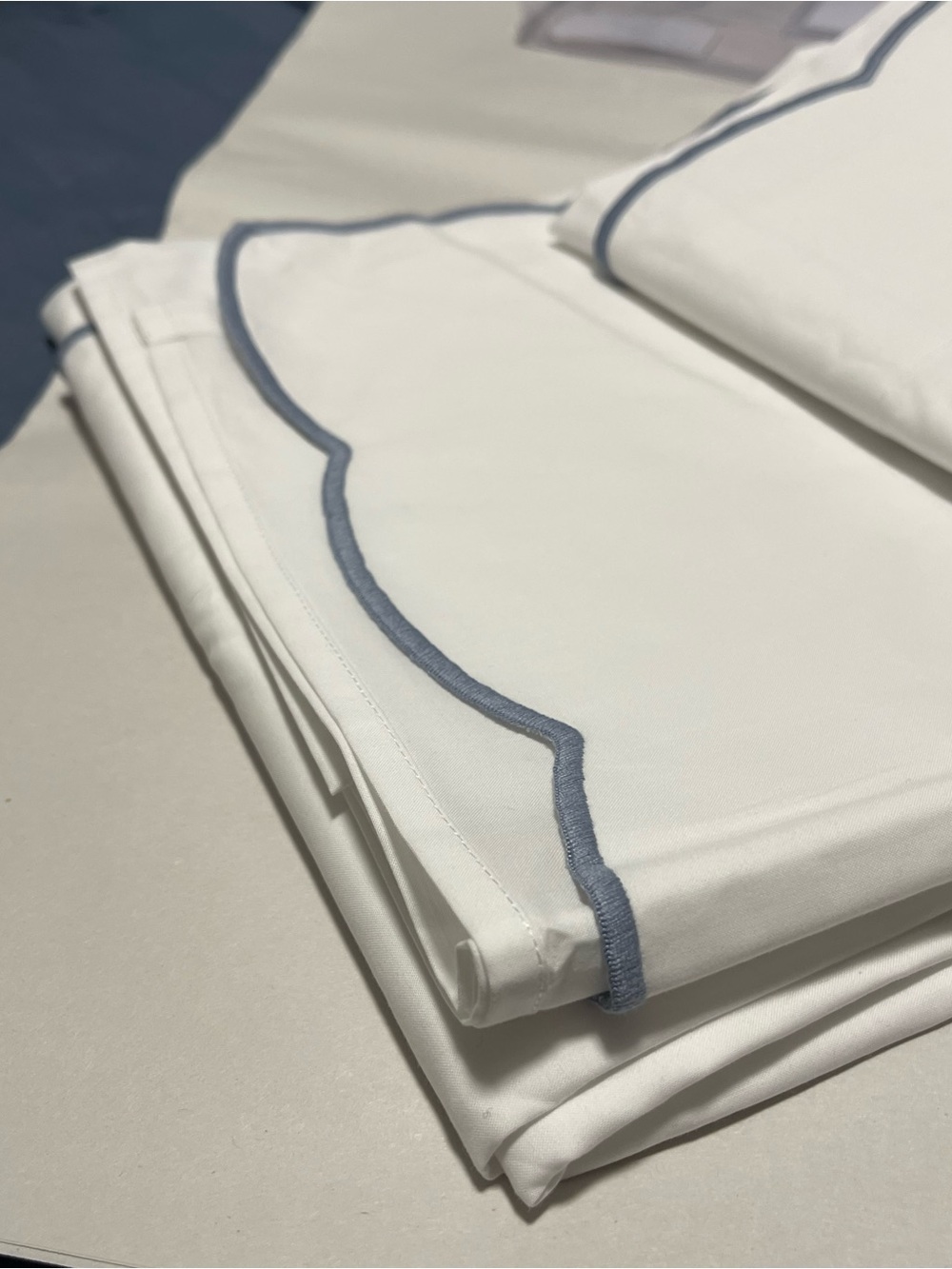 Sferra Limana Full/Queen Flat Sheet Long Staple Cotton Percale 96x114” White/Sea